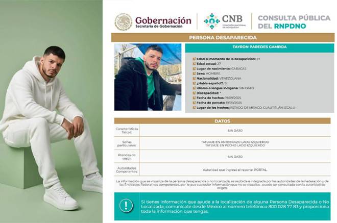 Desaparece otro músico, ahora en Edoméx; se trata del venezolano Tayron Paredes Gamboa
