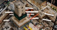 700-year-old church tower is suspended 45ft above the ground in City of London building site