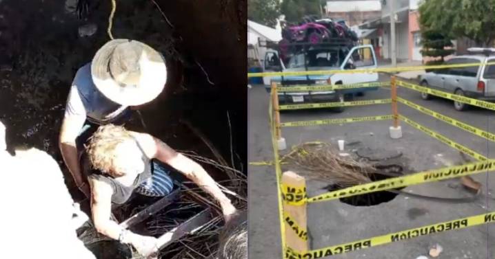 VIDEO: Momento en que rescatan a mujer tras caer a enorme socavón en Guadalajara, Jalisco