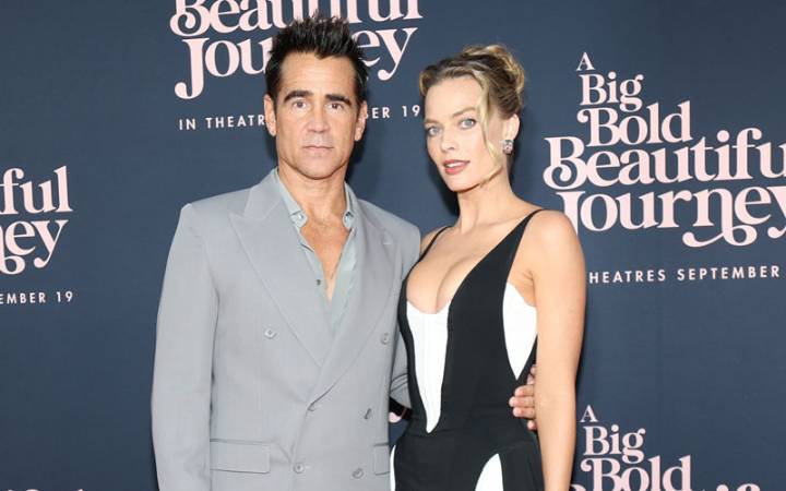 Margot Robbie Bares Legs in Vintage Mugler Gown at ‘Big Bold Beautiful Journey’ NYC Premiere with Colin Farrell | A Big Bold Beautiful Journey, Colin Farrell, Hamish Linklater, Kogonada, Lily Rabe, Ma