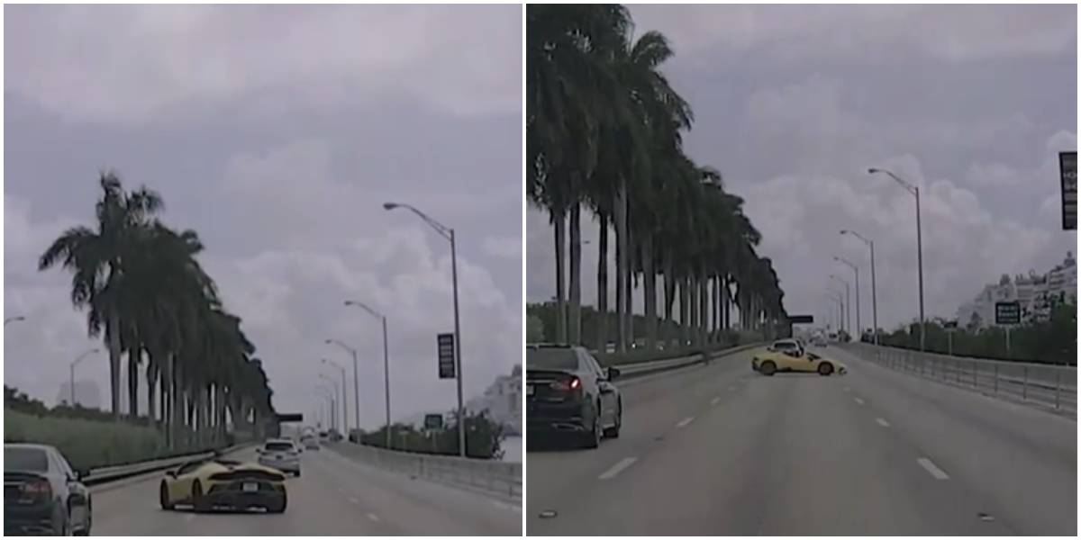 ¡Escalofriante!: conductor realiza maniobra irresponsable y pierde el control de un Lamborghini que termina impactando con ambos bordes de la MacArthur Causeway⁠