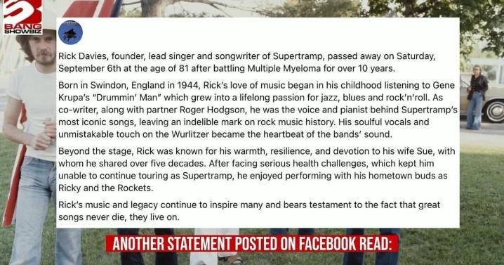 Supertramp star Rick Davies has passed away after battling cancer