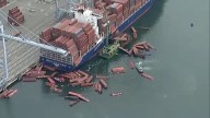Caen contenedores de un buque de carga en Puerto de Long Beach