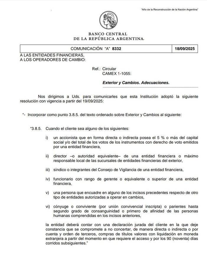 Imponen restricciones cambiarias a directivos y sus familiares, de bancos y empresas financieras autorizadas a operar en el mercado oficial de cambios