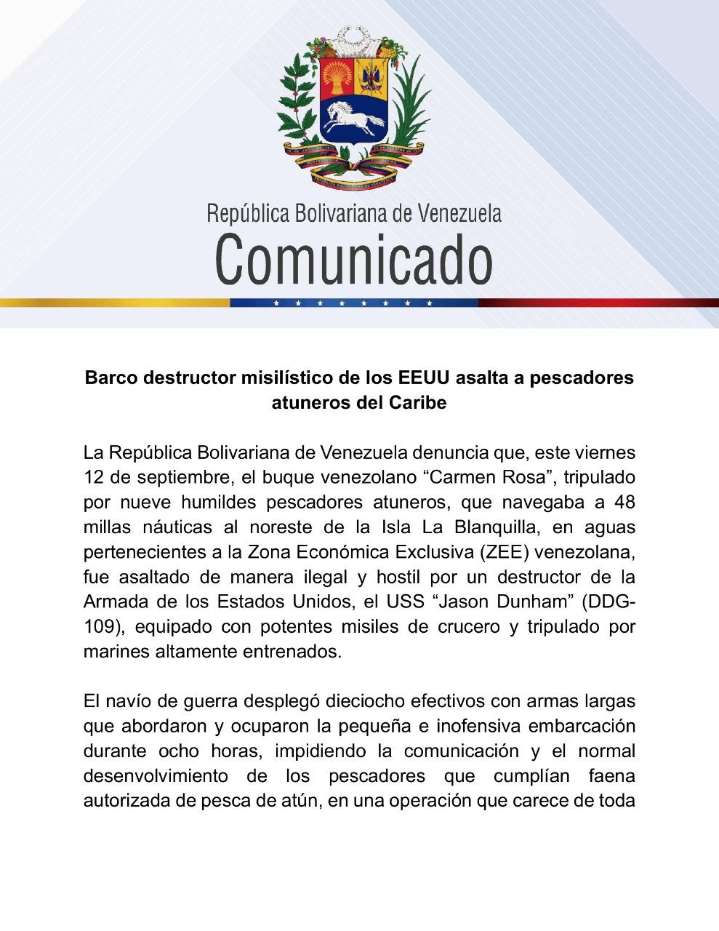 Cancillería denunció «asalto» a buque de pescadores venezolanos a manos de un «destructor» de la Armada de EEUU