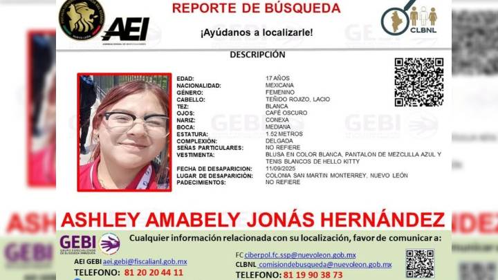Ashley Amabely, joven de 17 años, desaparece en Monterrey, Nuevo León