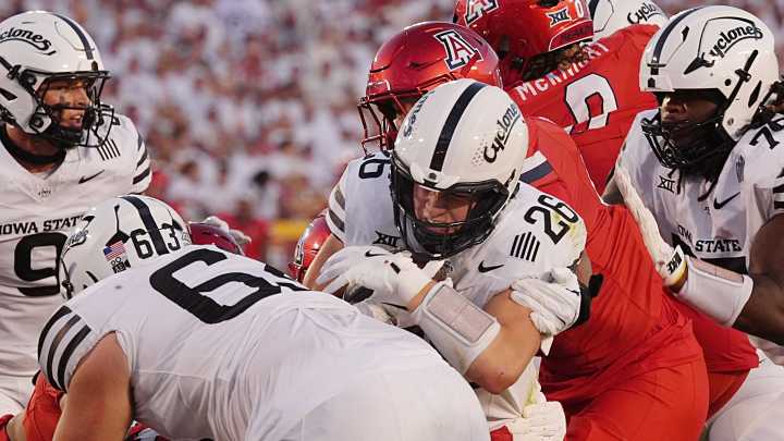Iowa State running back Carson Hansen speaks to the media after win