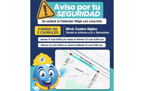 ATENTO AVISO: Cerrará JMAS carriles en Juan Pablo II durante dos noches