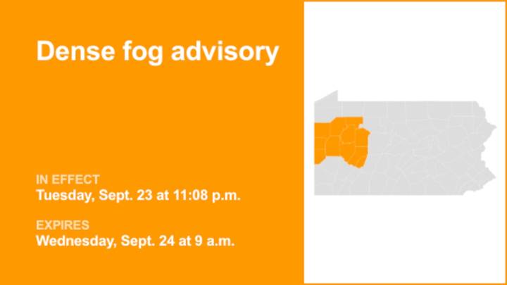 Dense fog advisory in place for part of Pennsylvania until Wednesday morning