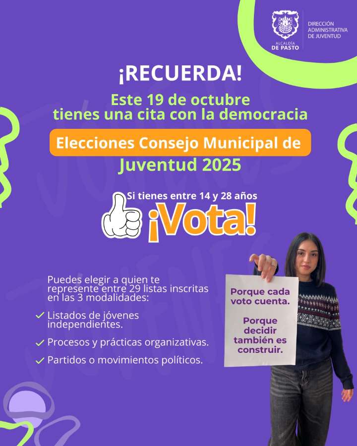 Jóvenes de Pasto llamados a las urnas este 19 de octubre para elegir Consejos de Juventud
