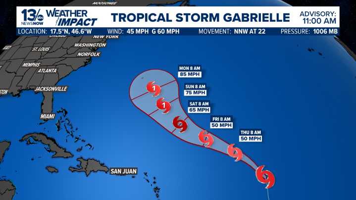 Tropical Storm Gabrielle forms, expected to become a hurricane