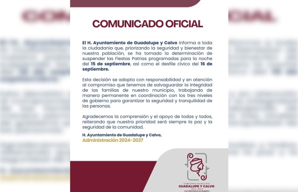 Suspenden grito en Guadalupe y Calvo