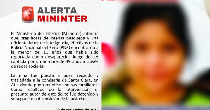 Mininter anuncia aparición de menor de edad de 11 años reportada como desaparecida