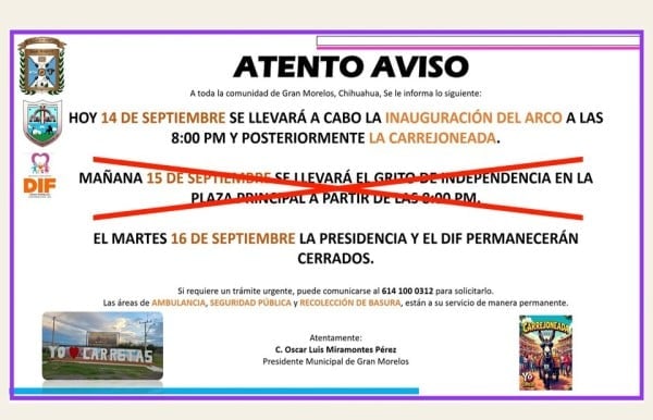 Cancelan Grito de la Independencia en Gran Morelos