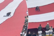 Man gets stuck on top of massive American flag before Jets