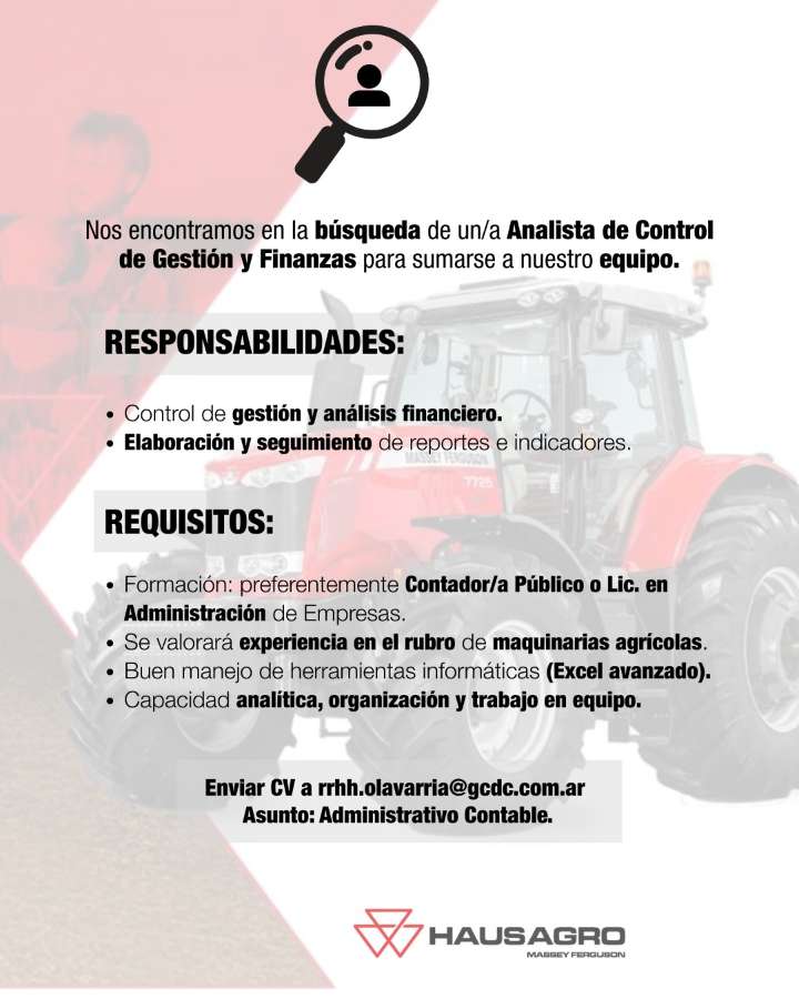 Hausagro busca un Analista de Control de Gestión y Finanzas en Olavarría