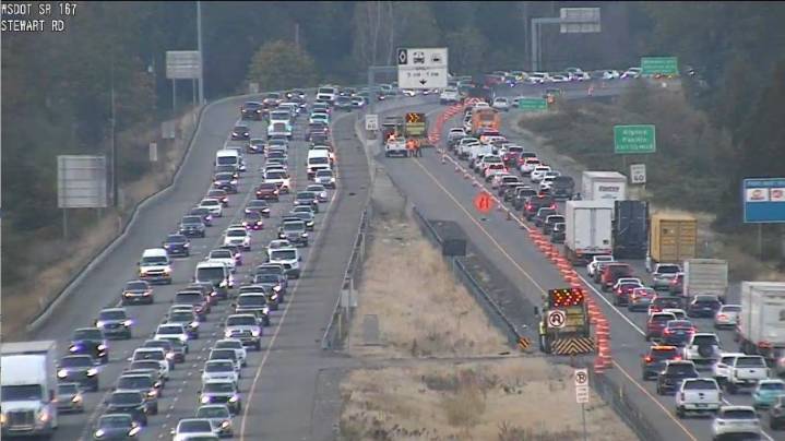 2 lanes on SR 167 north closed after bridge struck