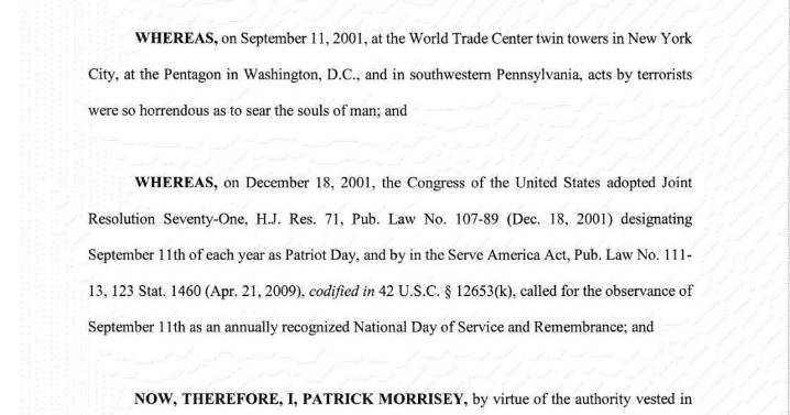 West Virginia Gov. Patrick Morrisey orders flags lowered, requests moment of silence for 9/11