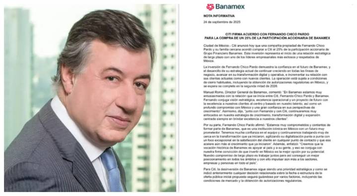 Fernando Chico Pardo adquiere 25 % de Banamex tras más de tres años de espera