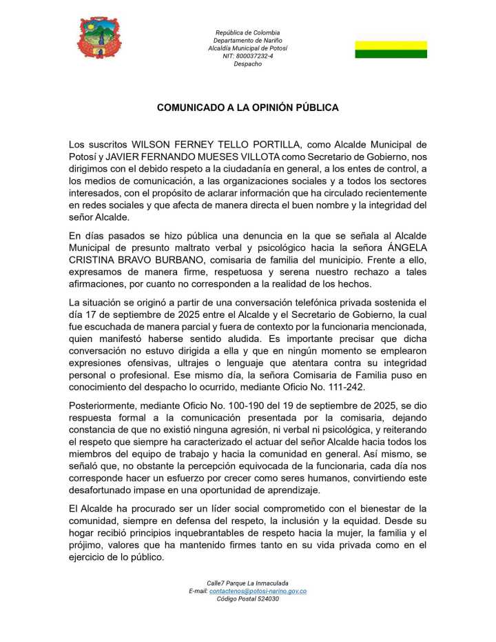 Alcalde de Potosí rechaza acusaciones de maltrato a Comisaria de Familia