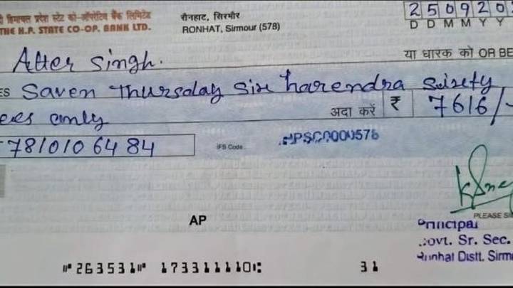 School Principal Issues Cheque Of 'Saven Thursday Six Harendra Sixty', Cheque Bounces
