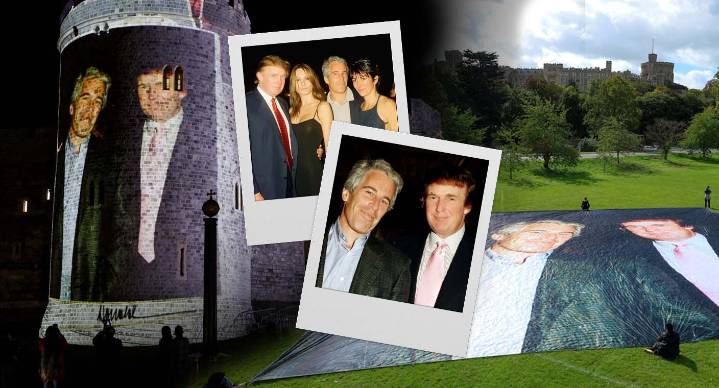 Activistas reciben a Trump con fotografías junto a Epstein proyectadas en castillo de Windsor en su visita a Reino Unido