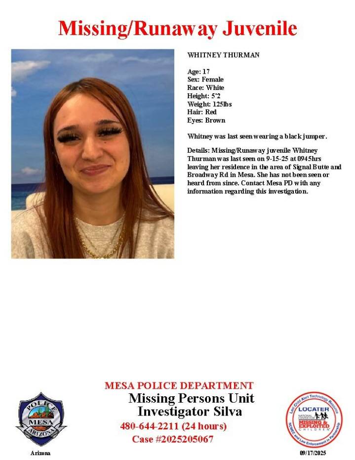 Whitney Thurman, 17, missing from Mesa, police say