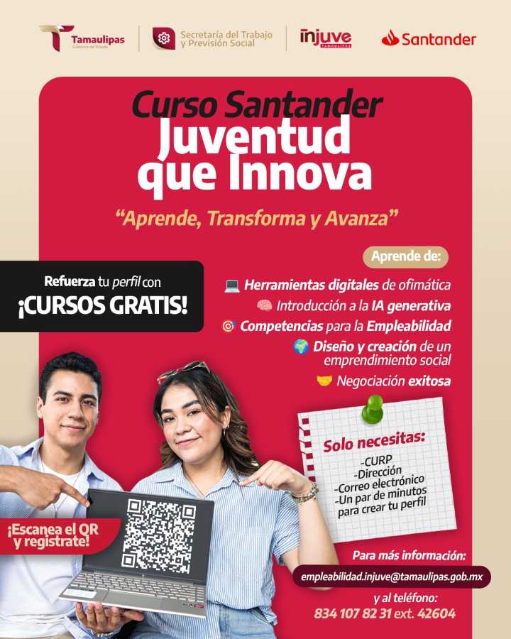 INJUVE Tamaulipas difunde convocatoria “Cursos Santander