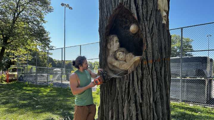 ‘A way to honor the tree’: Montreal wood sculptor brings new life to hazardous trees in La Fontaine Park