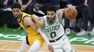 Celtics’ Jayson Tatum communicates with other players who have suffered Achilles injuries