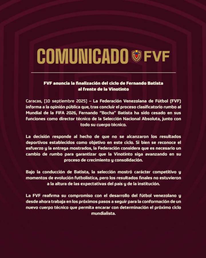 FVF destituye a Fernando “Bocha” Batista de la Vinotinto