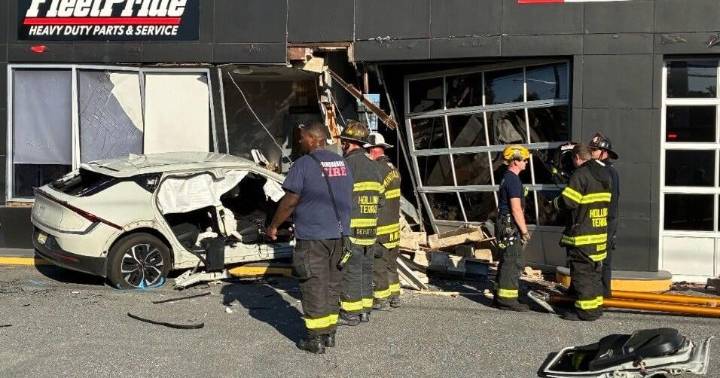 Crash sends 3 to the hospital and a car into a building