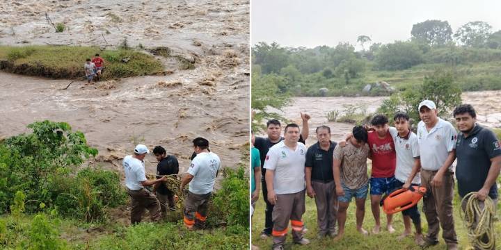 Cerca de morir ahogados, rescatan a jóvenes tras quedar atrapados en un bordo en medio del Río Huixtla, en Chiapas