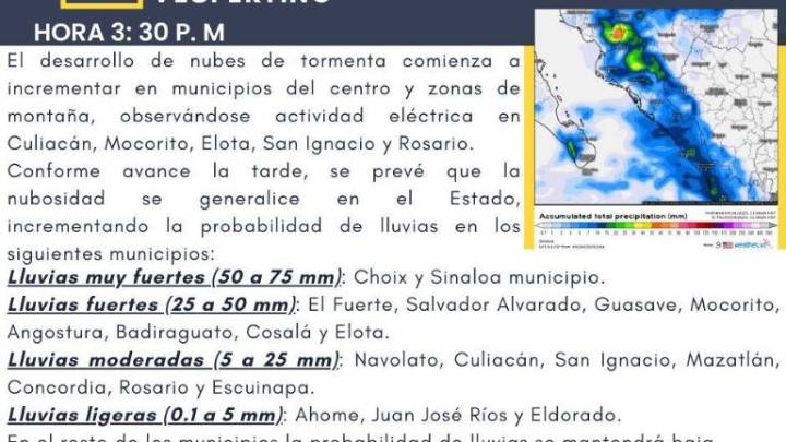 Alertan por lluvias esta noche en Mazatlán; llueve fuerte en Escuinapa, Rosario, Concordia y San Ignacio