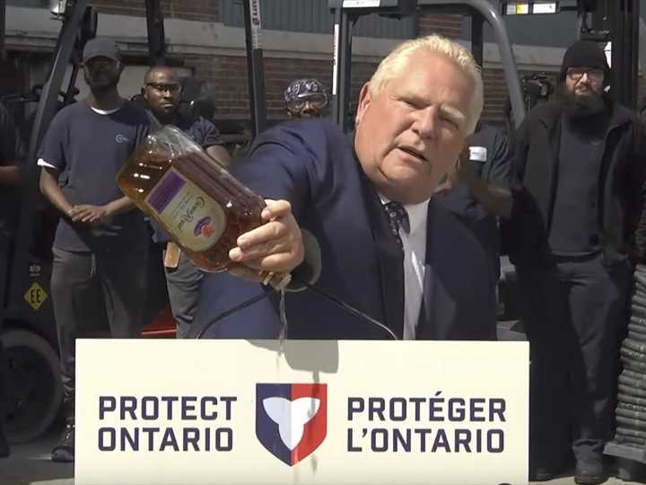 Doug Ford pours out bottle of Crown Royal over upcoming plant closure