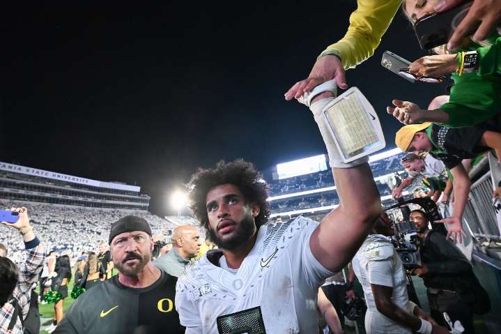 Oregon quarterback Dante Moore rises to the occasion in Happy Valley: ‘Dude breeds excellence’