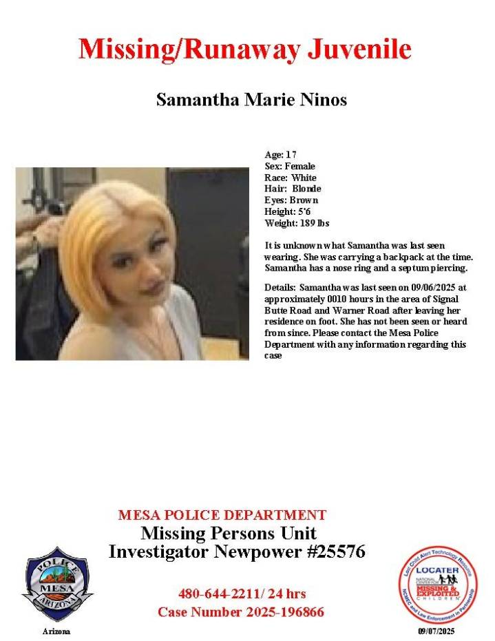 Samantha Marie Ninos, 17, missing from Mesa, police say