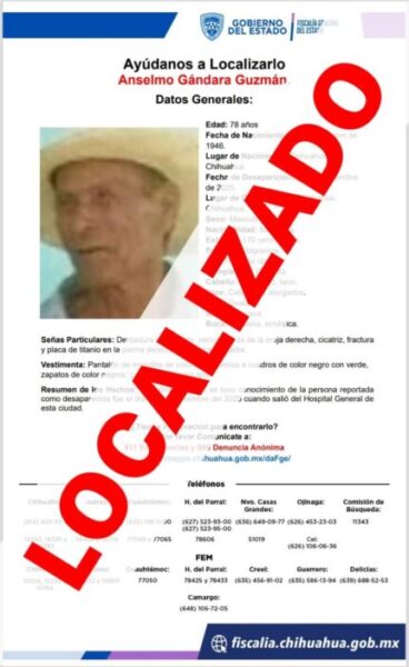 Localiza Fiscalía de Distrito Zona Centro a adulto mayor reportado ausente