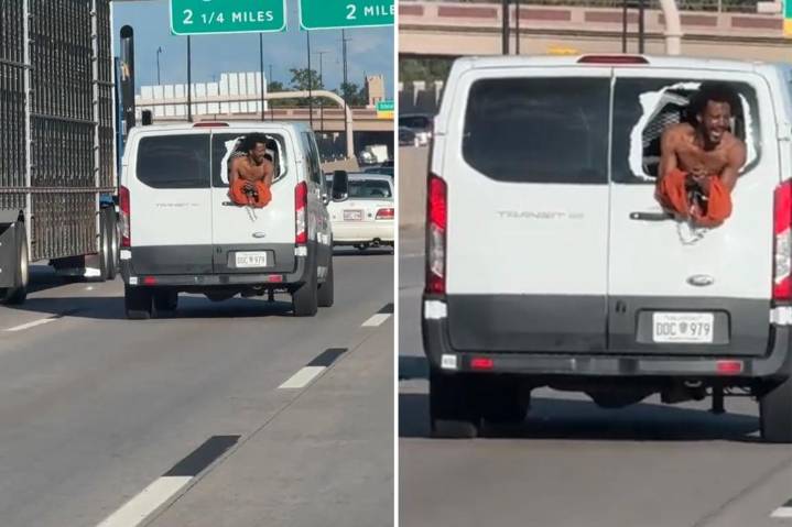 Oklahoma inmate hangs out the back of speeding corrections van pleading for help on freeway: video