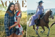 Gigi Hadid and Kendall Jenner model gowns on galloping horses for Vogue cover shoot