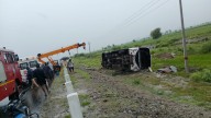 15 passengers hurt, one suffers broken leg as bus overturns