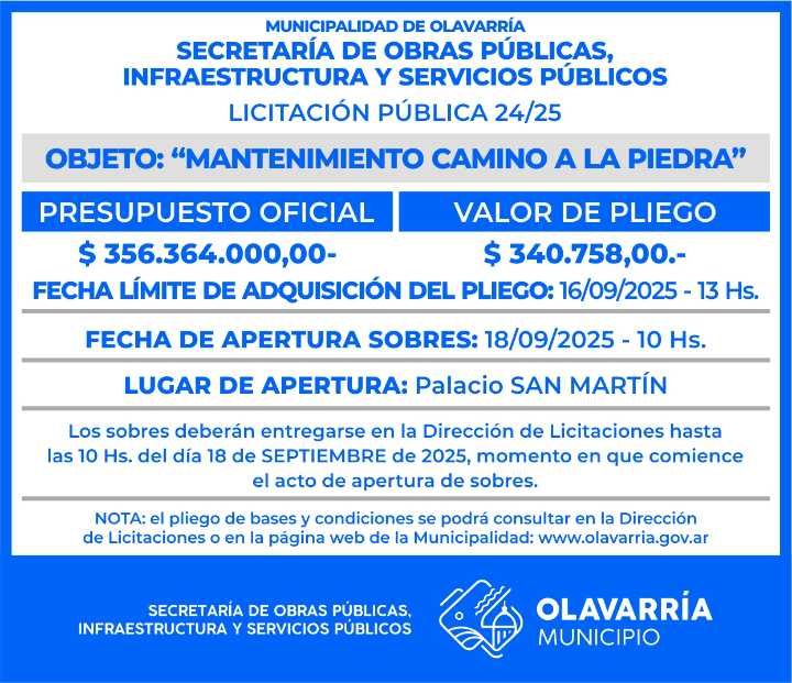 Licitación pública:  «Mantenimiento camino a la piedra»