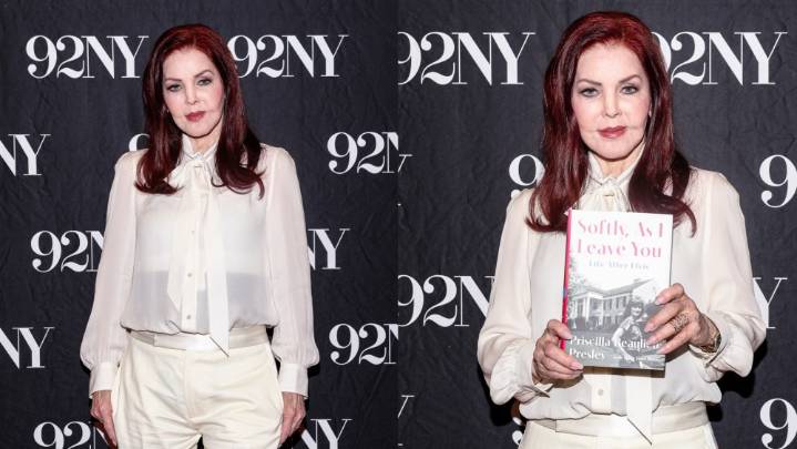 Priscilla Presley Goes Monochrome in White Attire on Memoir Press Tour
