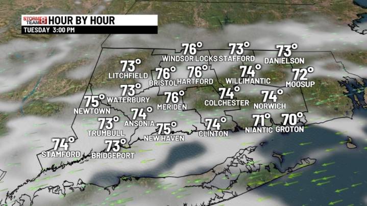 Lots of clouds, some sun, seasonable Tuesday Showers Wednesday. Dry and warm Thursday and Friday