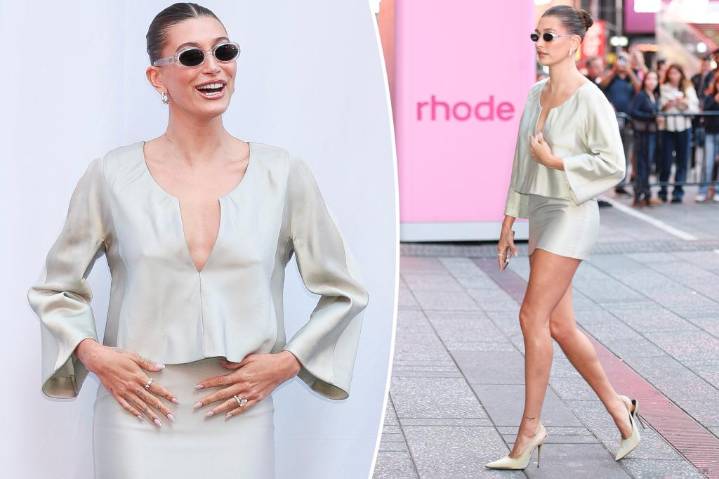 Hailey Bieber wears vintage Donna Karan outfit for Rhode x Sephora launch