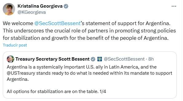 El FMI celebró respaldo de Estados Unidos a la República Argentina
