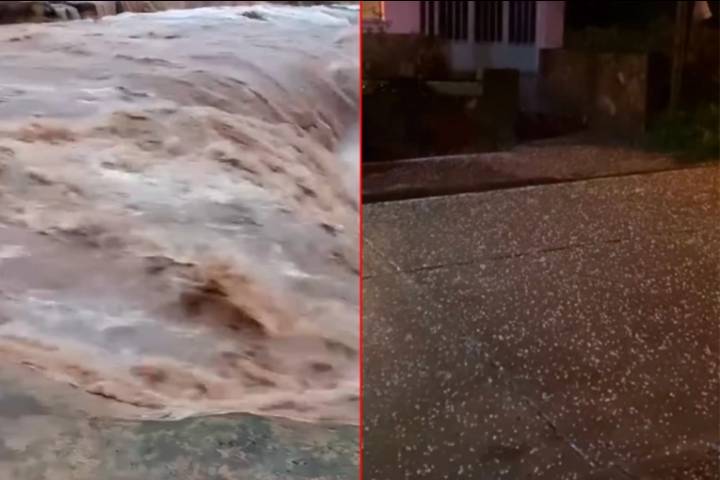 Videos: creció el caudal de agua en La Olla de Aldea Brasilera y granizó en Diamante