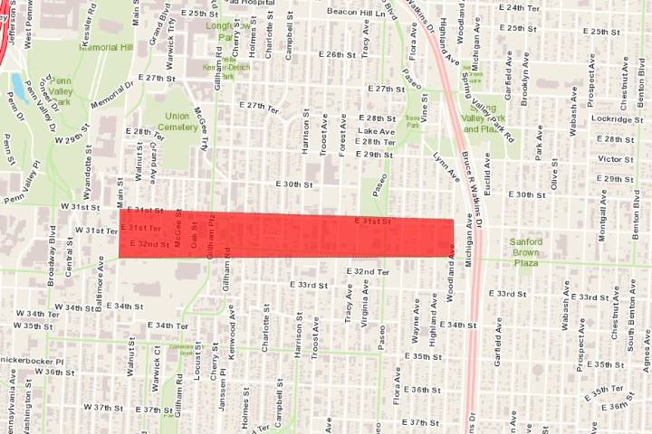 Crews repairing water main break between Main, Woodland along 31st Street in Kansas City, Missouri
