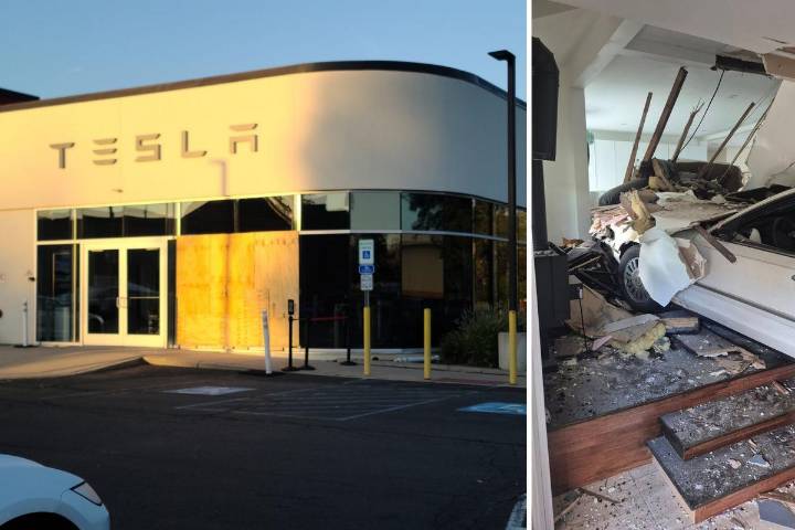 Woman crashes through front of Tesla dealership