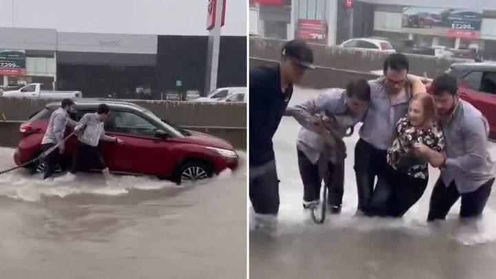 VIDEO: Trabajadores de agencia rescatan a mujer varada en Monterrey por inundación